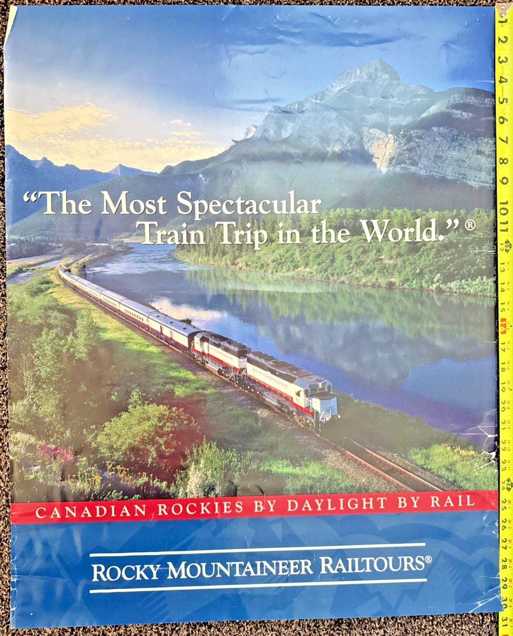 Rocky Mountain Railtours Train Poster Canadian Rockies Landscape Arial Photo EUC